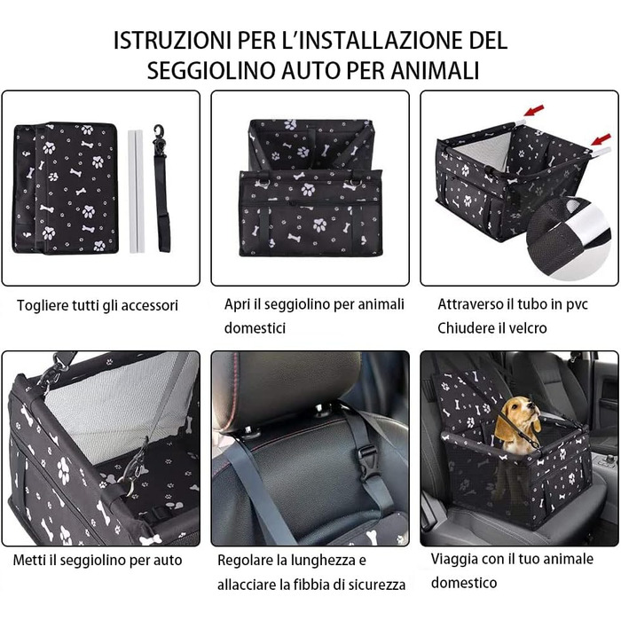 Автомобільний сидіння для собак на переднє пасажирське місце - чорний, з принтом лап, з ременем безпеки, водонепроникний, складна подушка