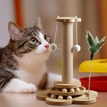 GOMETY Іграшка для котів 4-в-1 з дерева: ролики, обертовий диск, дряпка з сизалю, м'ячики з котячою м'ятою, 40 см