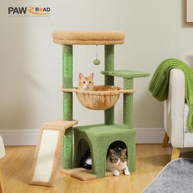 Дерево для котів PAWZ Road Кактус, з великою лежанкою, будиночком, 3 стовпчиками для дряпання та гамаком, 90 см, зелений