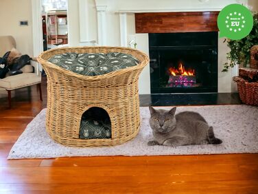 Кошик для котів XL 70 см овальний з лози, двоповерхове ліжко для котів і собак з м'якими темно-сірими подушками, натуральний колір, котяча хата для дому