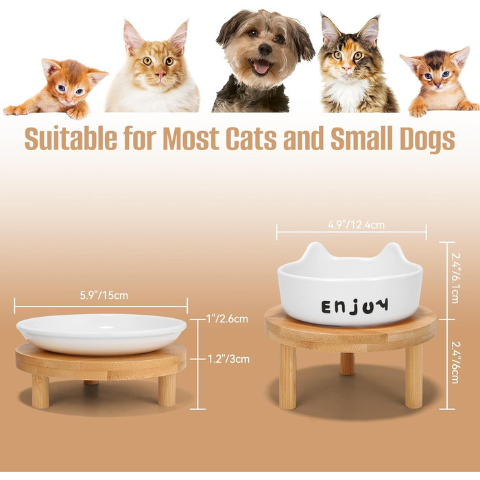 Миски для котів, підняті миски з кераміки з підставкою з бамбука (2 шт.) - білі