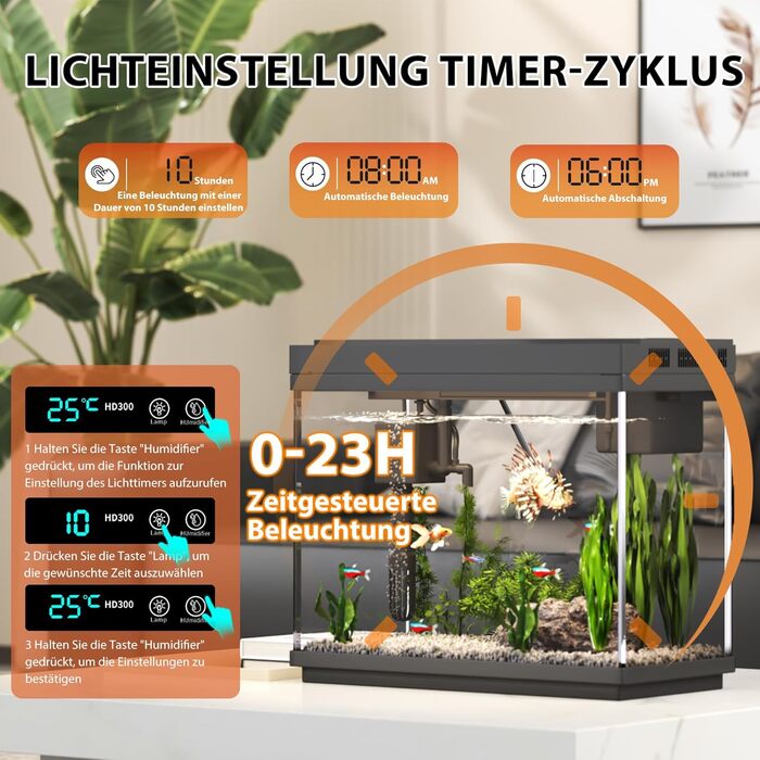 Акваріум Vehipa Nano 9L з інтелектуальним зволожувачем повітря, індикатором температури, склом UHD, 7-кольоровим підсвічуванням, 3-в-1 насосом з фільтрацією, подачею кисню та циркуляцією, чорний