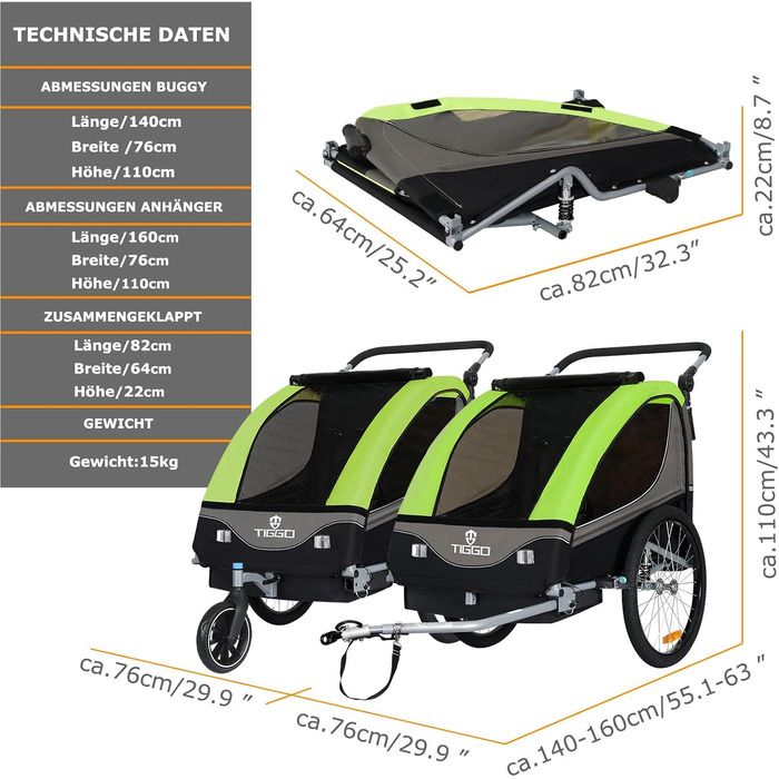 Дитячий причіп Tiggo S2 2-в-1 з підвіскою та поворотним з'єднанням 360° (зелений)