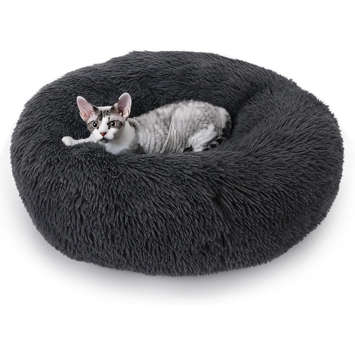 ALLSOPETS Заспокійливе ліжко для собак маленьких та середніх порід, миється, кругла плюшева лежанка для котів та собак з неслизьким дном (Темно-сірий, 60см)