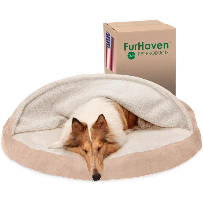 Ортопедичне ліжко для собак Furhaven середнього та малого розміру, 66 см, знімний, пральний чохол, для собак до 13,6 кг – Sherpa & Wildleder Snuggery – Блакитний, 66 см (імітація овечої вовни та велюр, кремовий, 112 x 112 x 7.6 см)