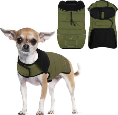 Зимовий теплий одяг для собак маленьких порід, водонепроникний, з флісовою підкладкою, світловідбиваючий, зручна застібка на липучці, зелений, S (обхват грудей 44 см)