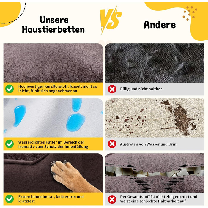 Ортопедичне ліжко для собак маленьких та середніх порід, 52x41x16 см, м'яке та зручне, кошик для собак з високим бортиком, знімний та пральний чохол, неслизьке, для дому та авто (темно-коричневий, S)