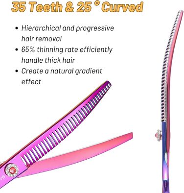 Професійна вигнута ножиця для грумінгу домашніх тварин 7.5 дюймів (25 градусів) з 35 зубцями, фіолетового кольору, преміум-якість