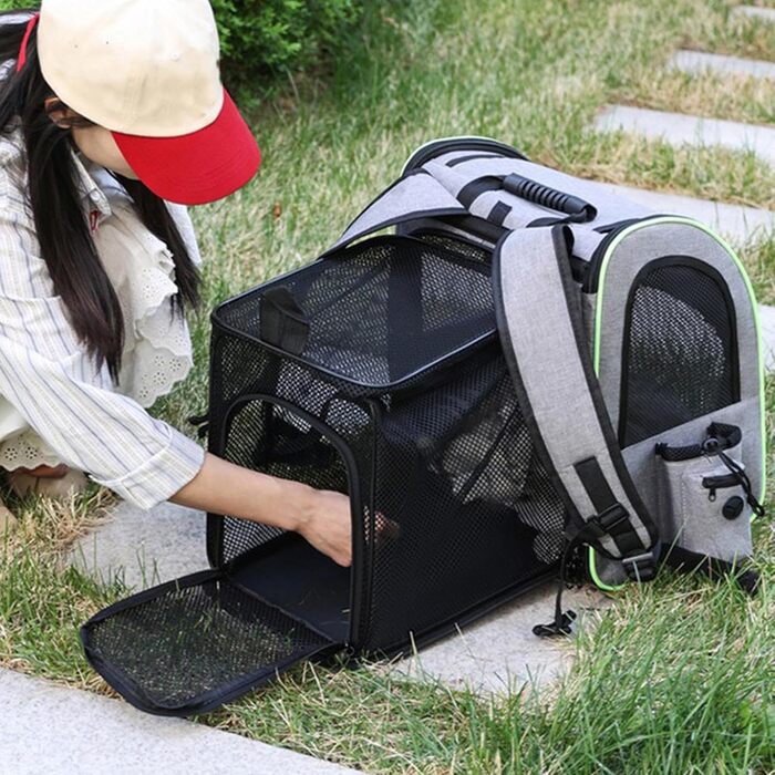 Транспортна сумка для котів, рюкзак для маленьких собак, дихаюча та розширювана сумка-рюкзак для подорожей та перевезення домашніх тварин (сірий з зеленими вставками)