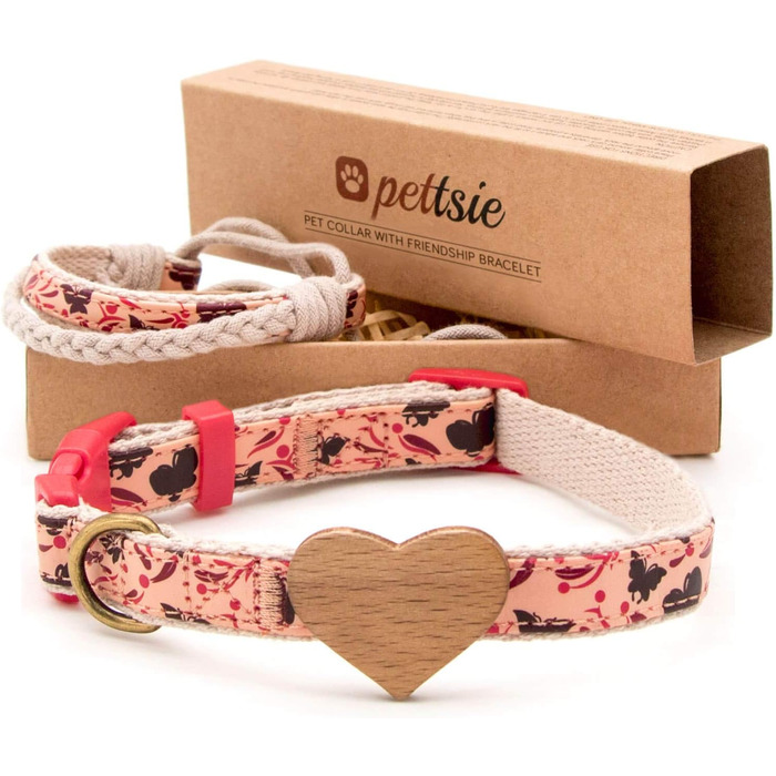 Нашийник для собак Pettsie з серцем та браслетом дружби, регульовані розміри S та M, зручний дизайнерський льон, міцний та довговічний, чудовий подарунок для любителів собак (35,6 - 50,8 см (M), Червоний)