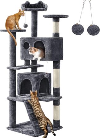 Кігтеточка велика Yaheetech 158 см, Кліматичний комплекс для котів з 3 платформами, 3 стовпчиками для шліфування, 2 будиночками, м'ячиками, сірий