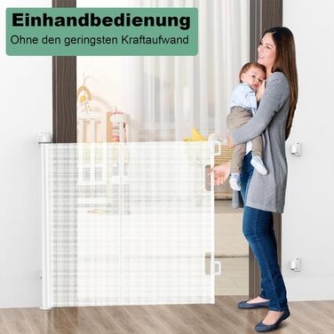 Захист для сходів з замком, розтяжний захист для дітей та собак, ширина 150 см, висота 83 см (140 см/білий, без свердління, автоматичний замок)