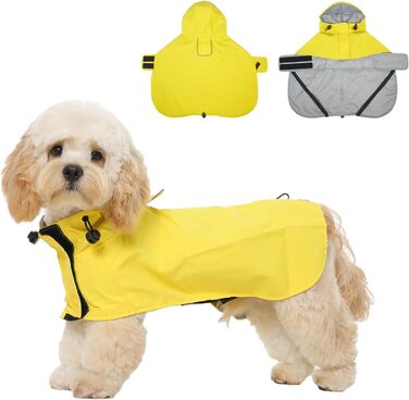 Жовтий дощовик для собак M, водонепроникний дощовик з капюшоном, світловідбиваючі елементи, регульований, з петельками для ніг та отвором для повідка, для собак маленьких, середніх та великих порід