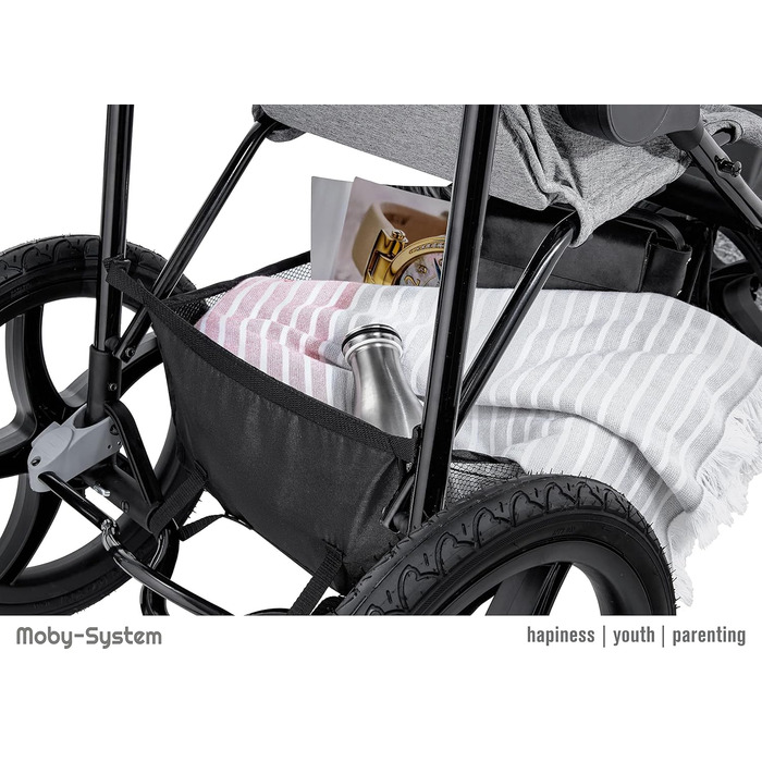 Дитяча коляска-трансформер Moby-System Runner Mountain з дощиковим захистом, до 15 кг, комплект аксесуарів: ремінь безпеки, відбивачі, оглядове вікно та кошик для речей (сіра)