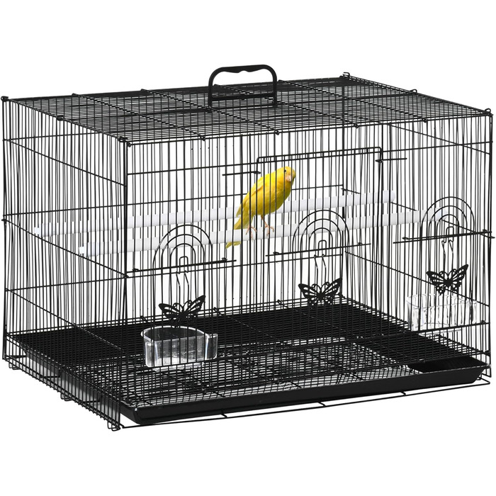 Клітка для птахів PawHut 60x41x41 см, металева, з годівницями, 2 жердинки, 3 дверцята, ручка для перенесення, для маленьких птахів, канарок, папуг, чорна