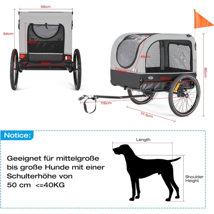 Причіп для собак CXWXC 2-в-1: велосипедний причіп та візок для собак з амортизаторами, сірий, вантажопідйомність 40 кг