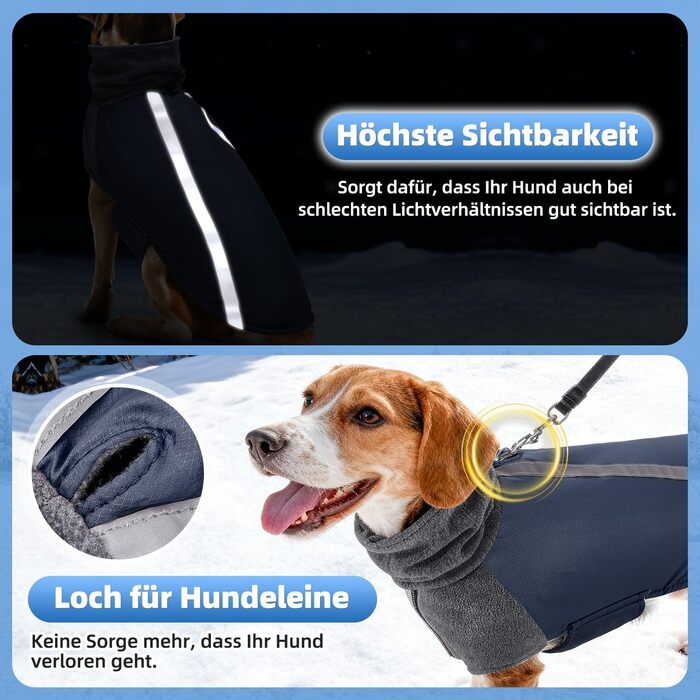 Зимова куртка для собак SlowTon з флісу, водонепроникна та вітронепроникна, з нашийником-гетром та світловідбиваючими смугами, регульована, для цуценят (Темно-синій, L+)
