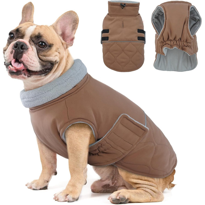 Теплий зимовий одяг для собак Французького бульдога, Мопса, Весті: тепла куртка з отвором для шлейки (Колір: Коричневий, Розмір: M)