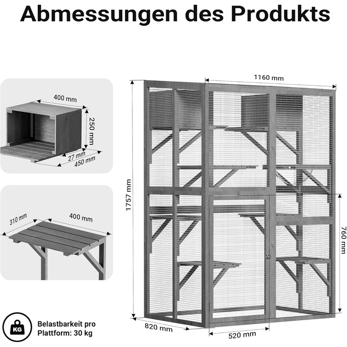 Вольтек (Wiltec) вольєр для котів 116 x 82 x 175,7 см, вольєр для котів з дерева з ПВХ-покриттям, 5 ярусів, для саду, балкону