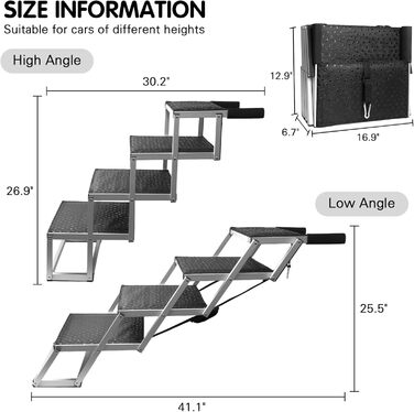 Рампа для собак DGSL – широка 4-ступенева драбина для авто, вантажівок, SUV. Зручна для великих собак, з антиковзким покриттям. Підходить для бокових дверей та ліжка.