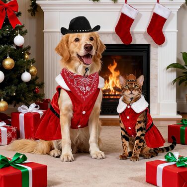 Костюм ковбоя для домашніх тварин: одяг для собак та котів, набір з костюмом, банданою та міні-ковбойським капелюхом, червоний, розмір M