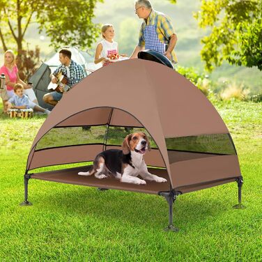 Лежанка для собак Snagle Paw з дахом, піднятий дизайн - стабільне ліжко для собак з антиковзними ніжками, широка тінь - водонепроникна для великих собак, для дому/на вулицю, кемпінг та сад, коричнева, 106 x 84 x 76 см