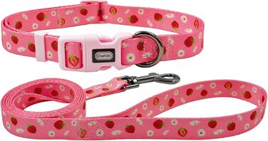 Нашийник для собак Oahibi з принтом черешень, рожевий, поліестер, розмір L, комплект з малюнком полуниці та гусячої лапки