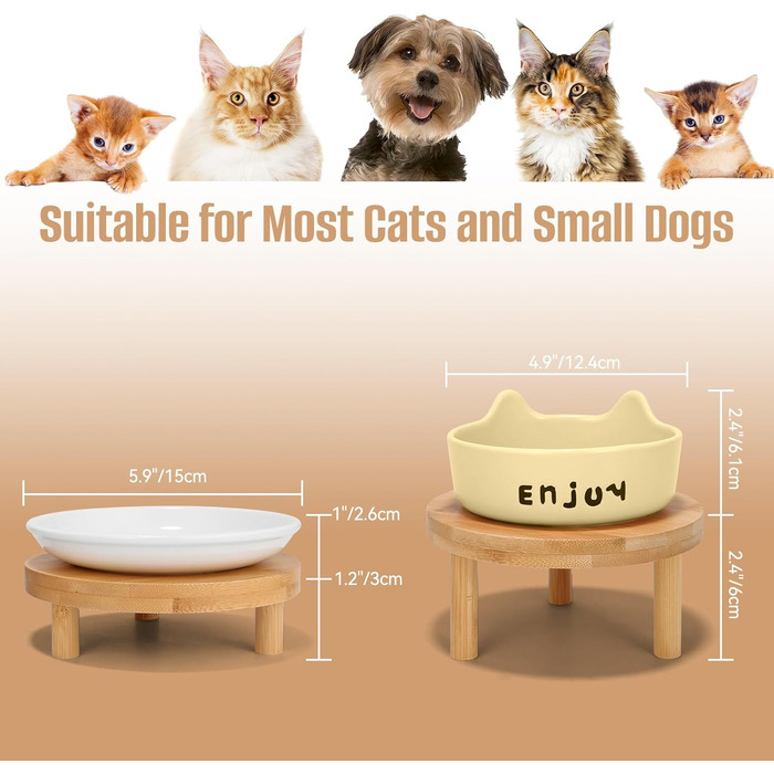 Миски для котів підняті, широкі миски з кераміки на підставці з бамбука для домашніх тварин, миски для корму або води, зручні для вусів, для маленьких собак та кошенят в приміщенні (білі (2 шт.)), (жовті (3 шт.))