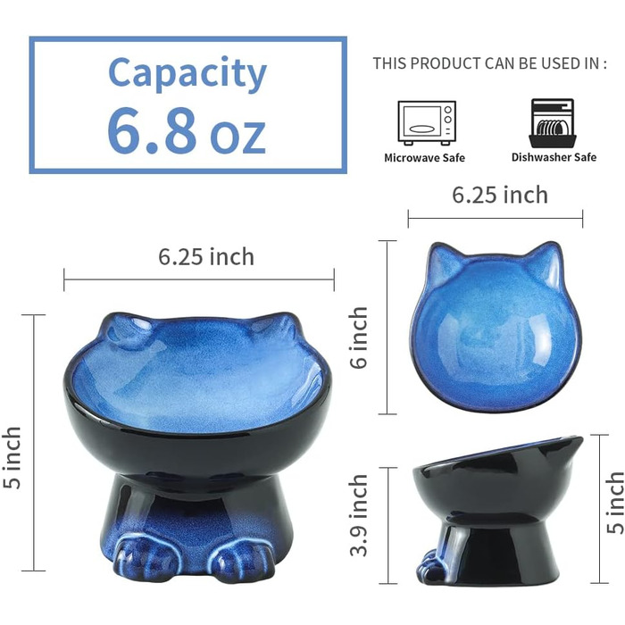 Підвищений миска для кота Nihow, 16.25 см, кераміка, для здоров'я спини, миється в посудомийній машині, елегантний синьо-чорний (192 мл/1 шт.)
