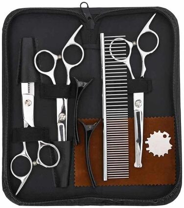 Набір професійних ножиць для грумінгу собак з нержавіючої сталі (7 шт.) - ножиці, гребінець, аксесуари. Довговічний та щадний до шерсті та шкіри