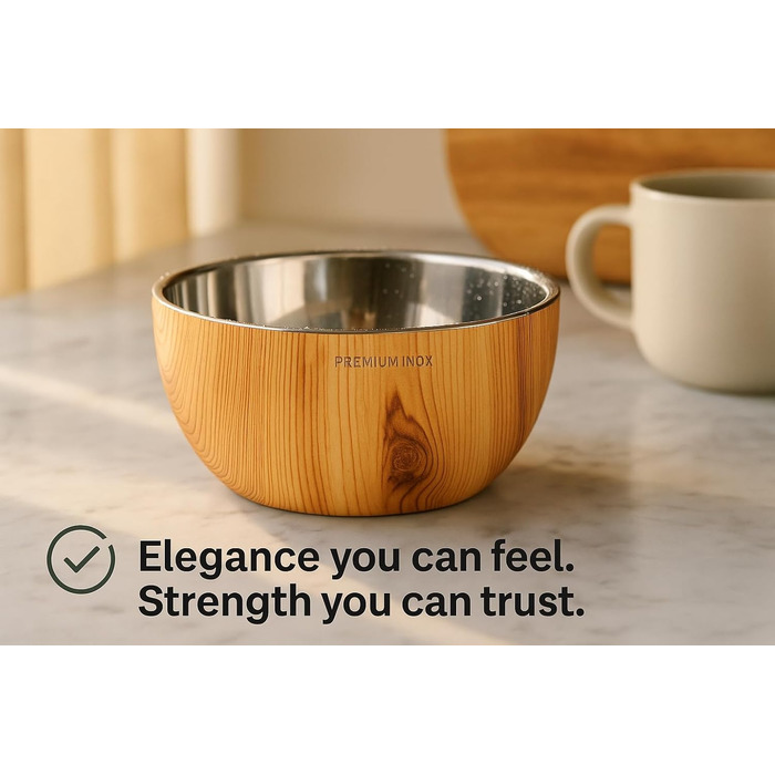 Німецький миска для собак Flamingo з нержавіючої сталі, 700 мл, Ø15,5 см, з подвійними стінками для тривалої свіжості, з антиковзким покриттям, придатна для миття в посудомийній машині, дерев'яна підставка Oase