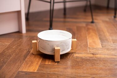 Керамічна миска для собак та котів Pet Wiz з бамбуковим підставкою, піднята миска для зручної позиції під час їжі та пиття, 5 кольорів, об'єм 850 мл (Мраморний сірий)