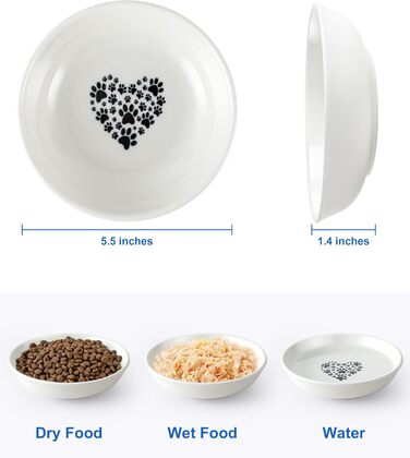 Керамічна миска для котів з віями, 14 см, широка годівниця для вологого корму, миска для котів з милим дизайном, зручна для котів з вусами, неслизька, біла, з сердечками та кігтиками, набір 6 штук