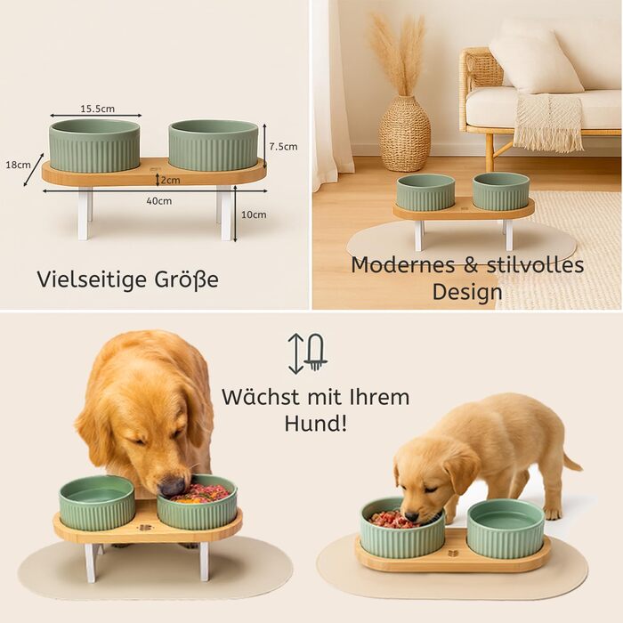 Миска для собак BELMIN, піднята - миска для води та їжі для собак, піднята годівниця для великих собак та котів, 2 регульовані висоти, миска з кераміки з бамбуковим підставкою, неслизький килимок