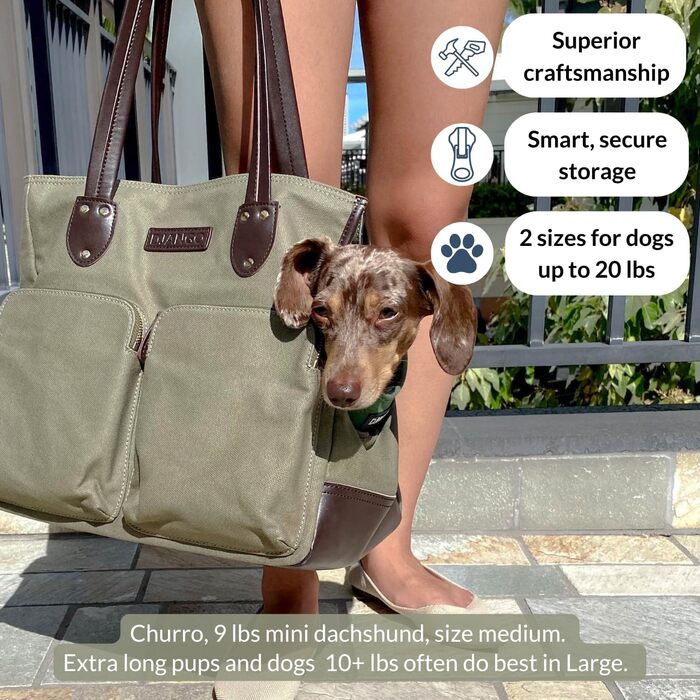 Сумка-переноска для собак DJANGO - велика, оливковий, waxed canvas та шкіра. Безпечний поводок-кріплення та кишені на блискавці