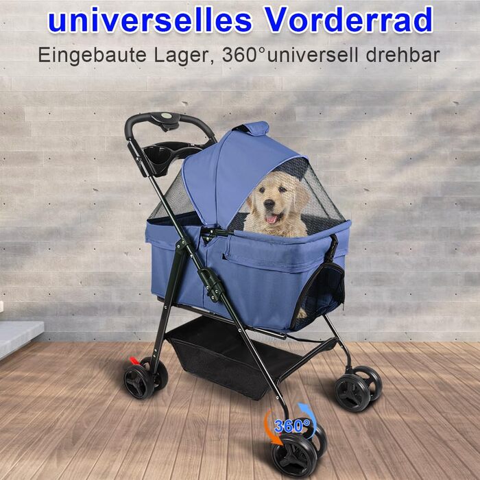 Візок для собак та котів OHMG Hundebuggy 3-в-1, блакитний, складний, з кошиком для зберігання, 50x65x99 см