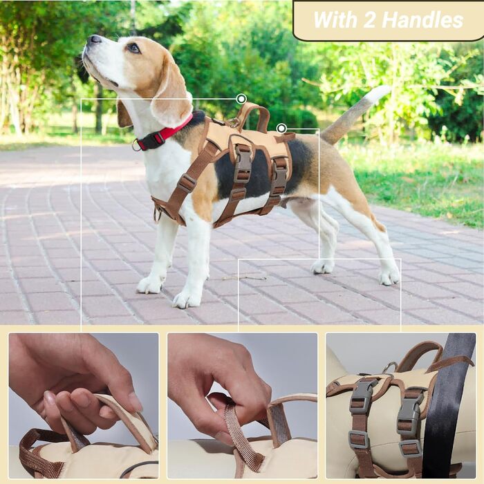 Нашийник для собак від виривання, надійний, з двома ручками та кліпсами для повідків, проти ривка, для собак середніх та маленьких порід, цуценят (чорний) - кліпси для повідків (S, бежевий)