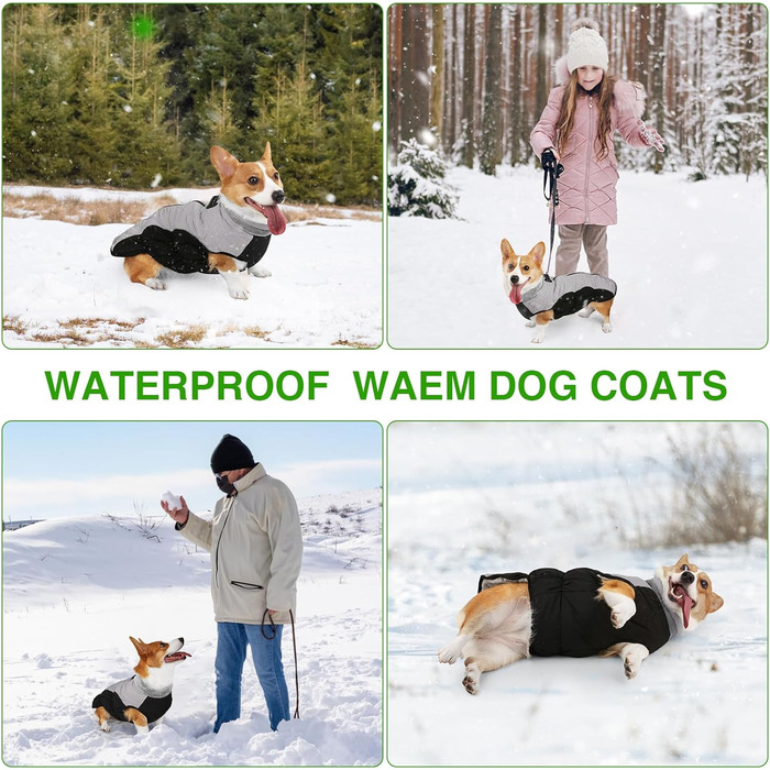 Зимова куртка для собак, водовідштовхувальна, тепла, м'яка, вітрозахисна з кріпленням для повідка, світловідбиваюча, на блискавці, з регульованою застібкою, для маленьких та середніх собак (зелена, сіра, XL)