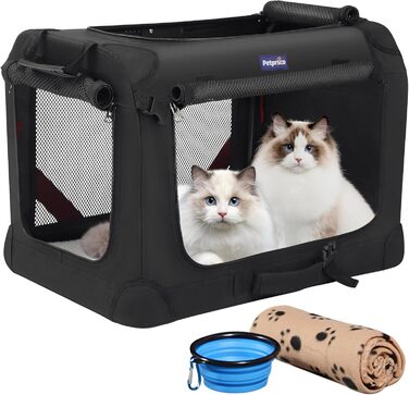 Транспортна переноска для котів та собак Petprsco, 60x42x42 см, чорна. Зігріваюча ковдра, миска та знімний матрац