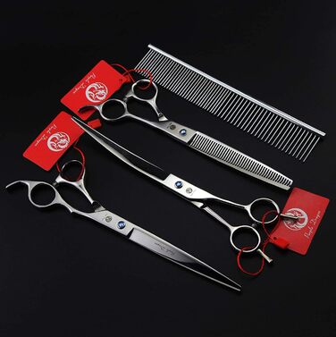 Набір ножиць для грумінгу собак: фішері та випрямні ножиці, срібні