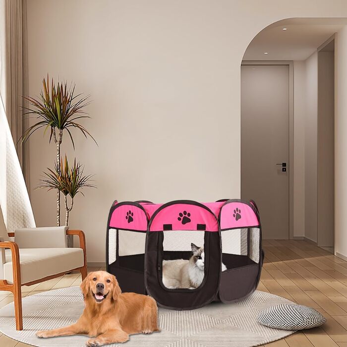 Клітка-забіг для собак і цуценят, складана, 73x73x43 см (рожевий+чорний)