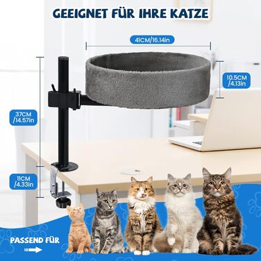 BSWAY Лежанка для кота на стіл - без свердління, 360° обертання, регульована висота. Підвищена котяча лежанка над столом. Тримає кошеня/кота близько, робочий простір чистий. (Темно-сірий, XL)