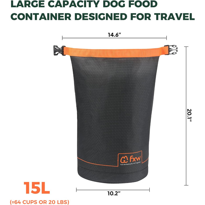 Чохол для корму для собак FXW: великий об'єм, 15л, для подорожей, кемпінгу, авто, 64 таці