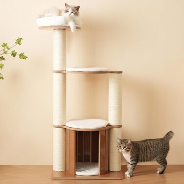 Кігтеточка для котів CareCooo 135 см з товстими стійкими стовпчиками, з будиночком, захистом від перекидання, з сизалю, водонепроникна, для великих котів, коричнево-біла