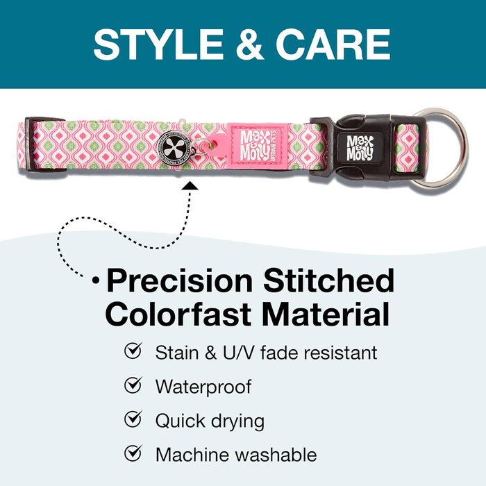 Нашийник для собак Max & Molly з надійною застібкою, веселий стиль, водонепроникний, зручний, регульований, з QR-кодом для ідентифікації тварин, ретро-рожевий, розмір M (13-21 дюймів)