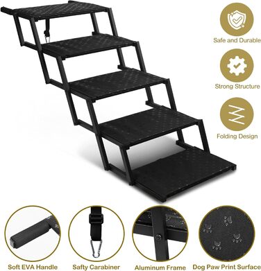 Сходинка для собак у машину - широка, складна, з антиковзким покриттям, для великих собак, підходить для авто, SUV, вантажівок, витримує до 113 кг (ширина 5 сходинок)