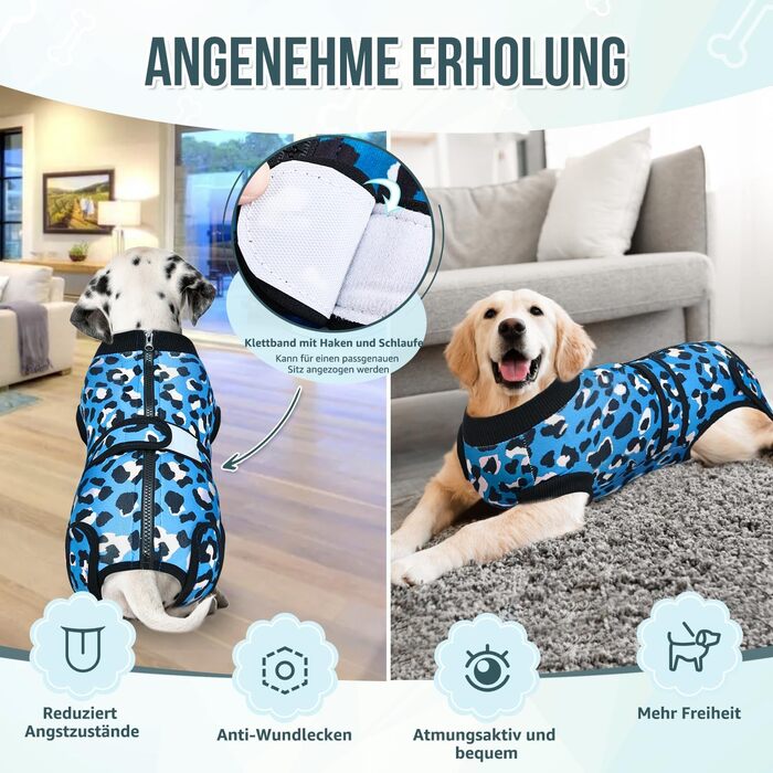 Захисний одяг для собак після операції: комбінезон з блискавкою та липучкою, анти-витік та захист ран, дихаючий, XL, блакитно-зелений