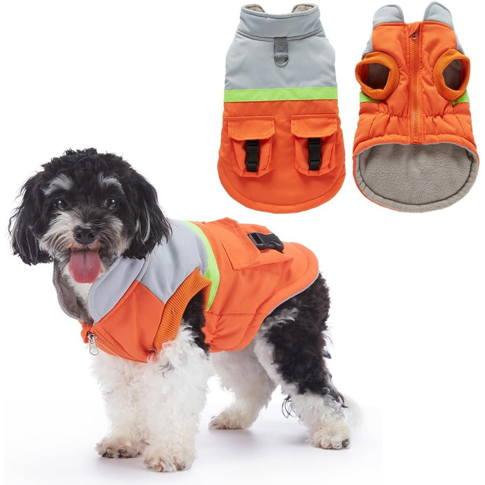 Водонепроникна тепла куртка для собак маленьких та середніх порід. Зігріваючий зимовий одяг для собак, захисна жилетка з отвором для повідка та кишенями. Відбиваюча куртка (Помаранчевий/Сірий, S)