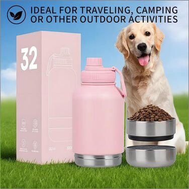 Миска-поїльник для собак 3-в-1 950 мл, рожева. Термопоїльник з мисками для їжі та води. Ідеально для подорожей та прогулянок.