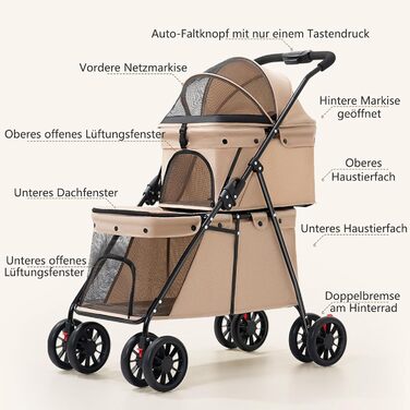 Складаний візок для собак на 2 яруси, переноска для домашніх тварин до 24 кг, візок для собак з сітчастими віконцями, ремінь безпеки, 4 колеса, складаний візок для котів та маленьких собак (колір: коричневий)